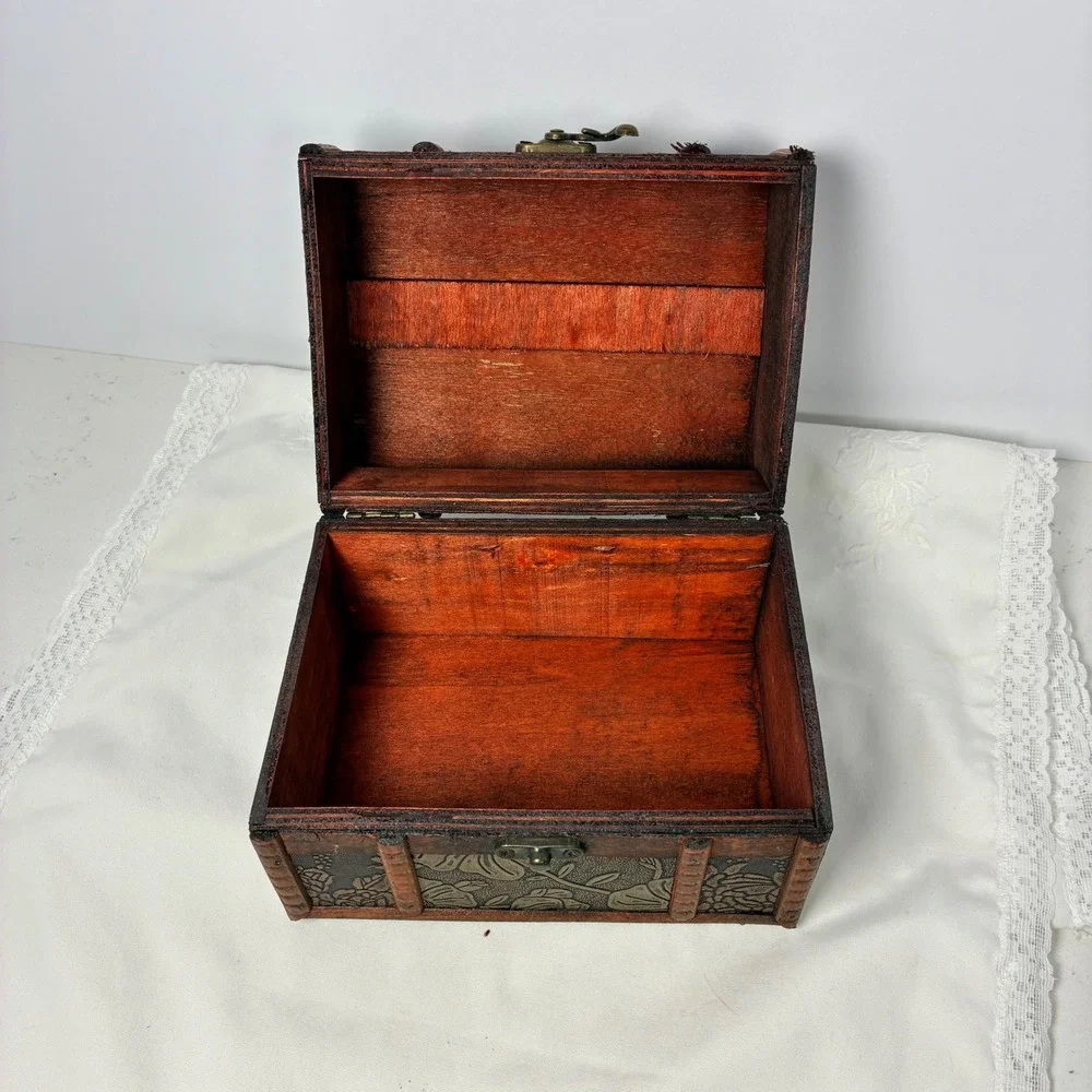 Treasure Chest Floral Embossed Wood Trunk Trinket Keepsake Box Rustic Cottage